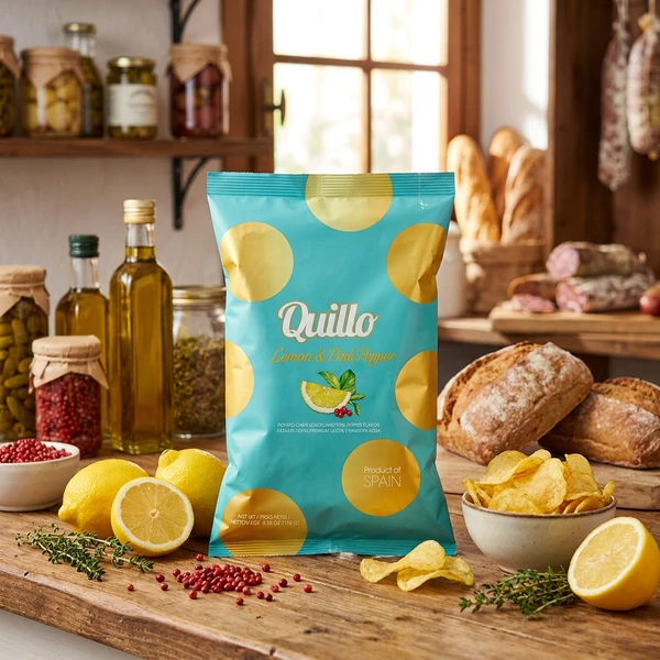 Lemon & Pink Peber Chips Quillo 45g 1987 by Deli Drengene color Svart