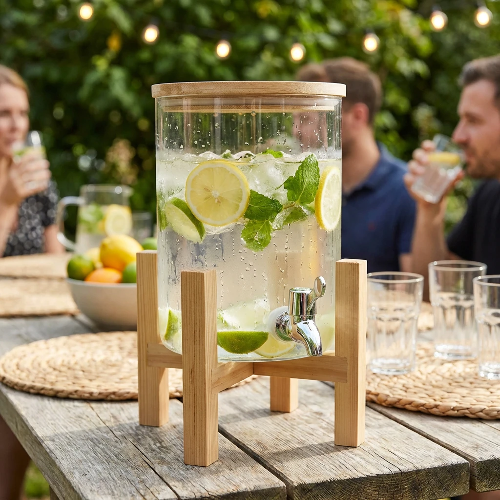 Dryckesdispenser med träfot och lock Glas 3L Ø15x32cm 1821042 by COSY & TRENDY color Svart