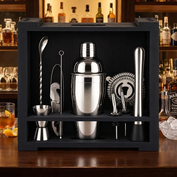 Cocktailset 11 delar – rostfritt stål i svart träask CG-TJ26B  color Svart