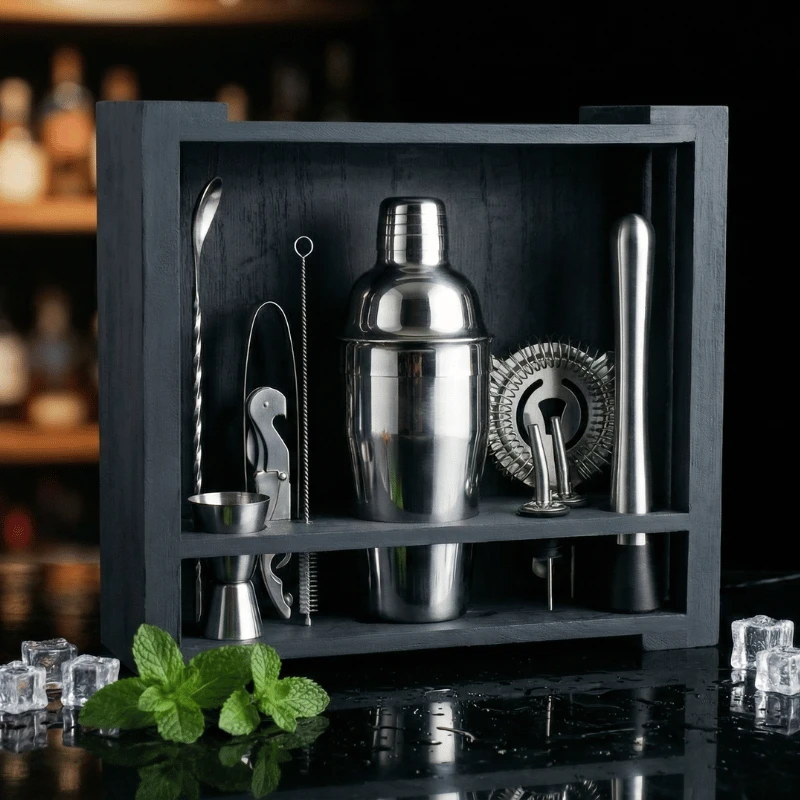 Cocktailset 11 delar – rostfritt stål i svart träask CG-TJ26B  color Svart