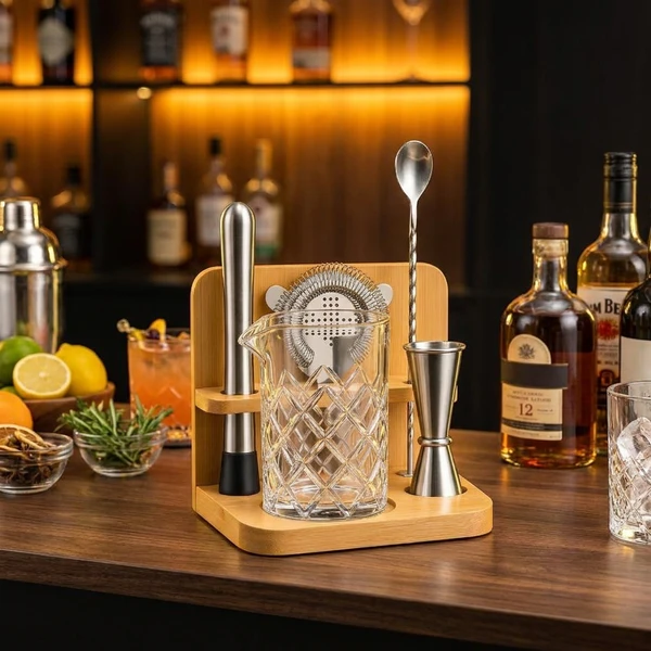 Premium cocktailglasset – blyfri kristall med bambuställ (6 delar) CG-TJ61  color Svart