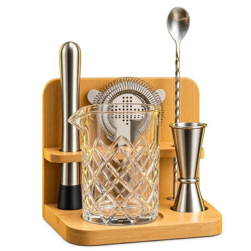 Premium cocktailglasset – blyfri kristall med bambuställ (6 delar) CG-TJ61  color Svart