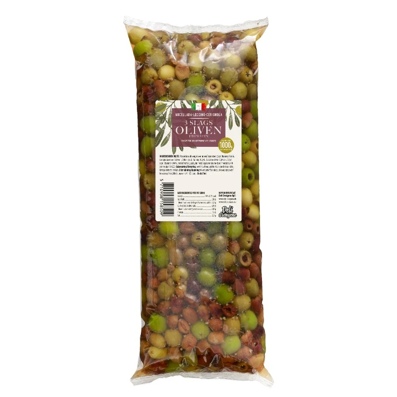 Leccino, Nocellara, Cerignola utan kärnor 1700g Avrunnen 1000g 2123 by Deli Drengene color Svart