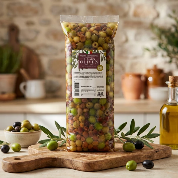 Leccino, Nocellara, Cerignola utan kärnor 1700g Avrunnen 1000g 2123 by Deli Drengene color Svart