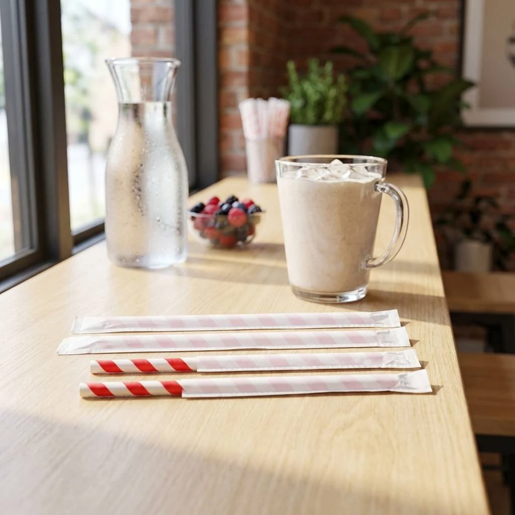 Papperssugrör Ø12x200 mm utan böj m/spets bio papper rödrandiga 100 st ML124598 by Multiline color Svart