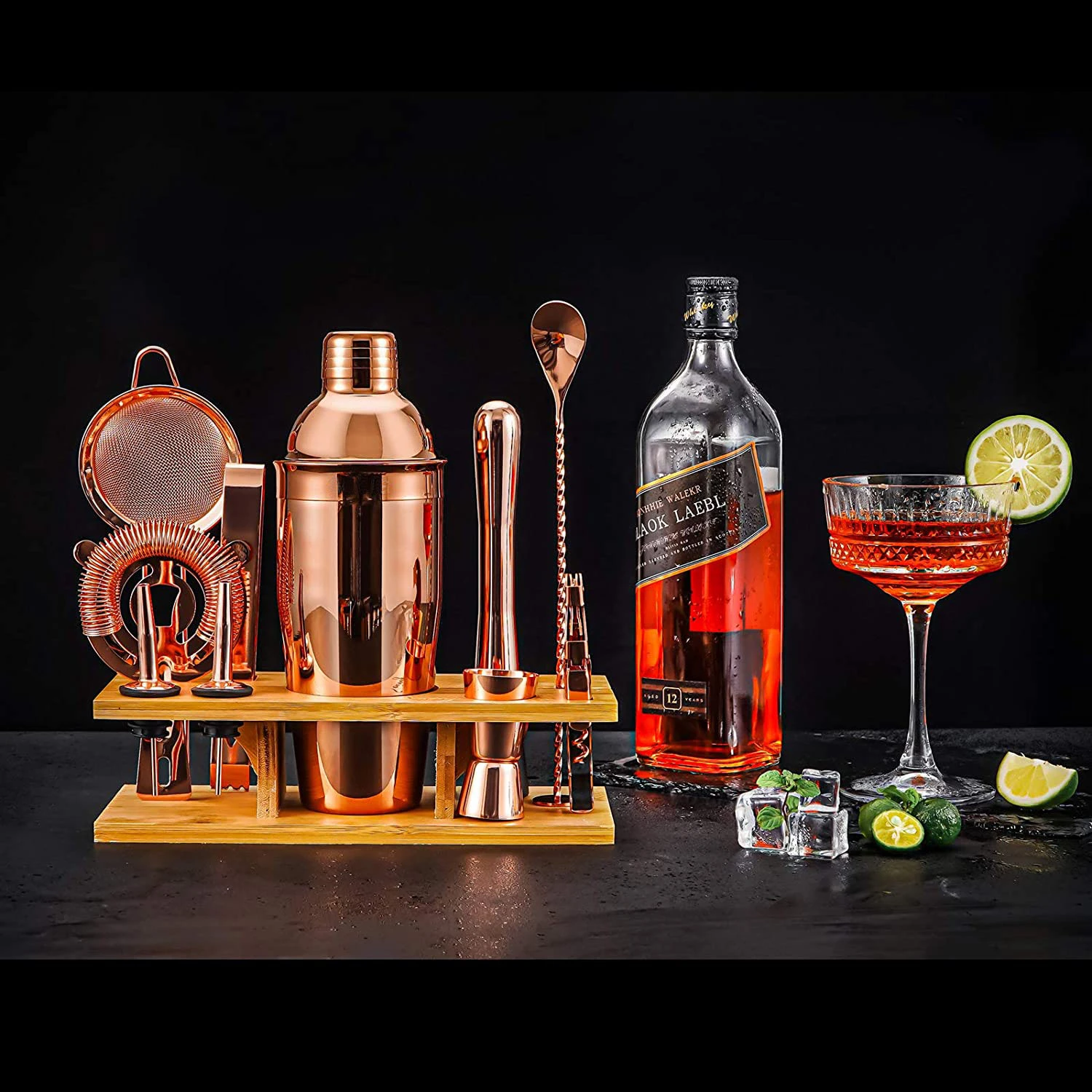 Cocktailshakerset med 11 delar och ställ - Koppar CG-TJ17 by Barlife color Svart
