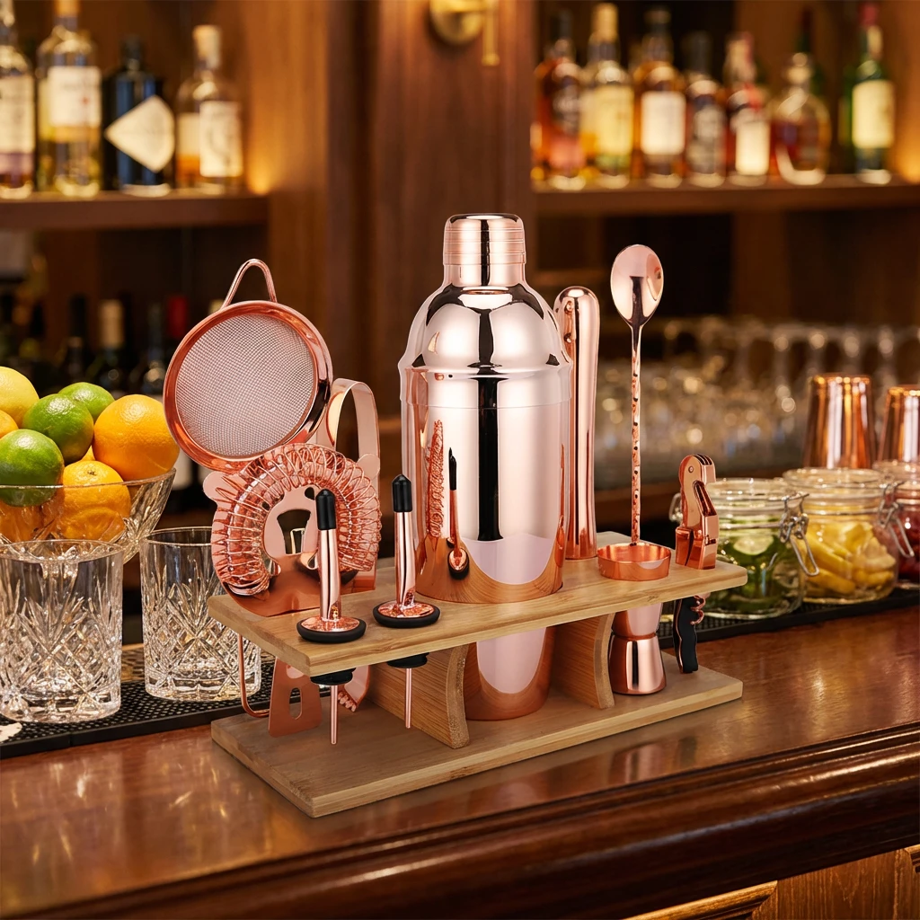 Cocktailshakerset med 11 delar och ställ - Koppar CG-TJ17 by Barlife color Svart