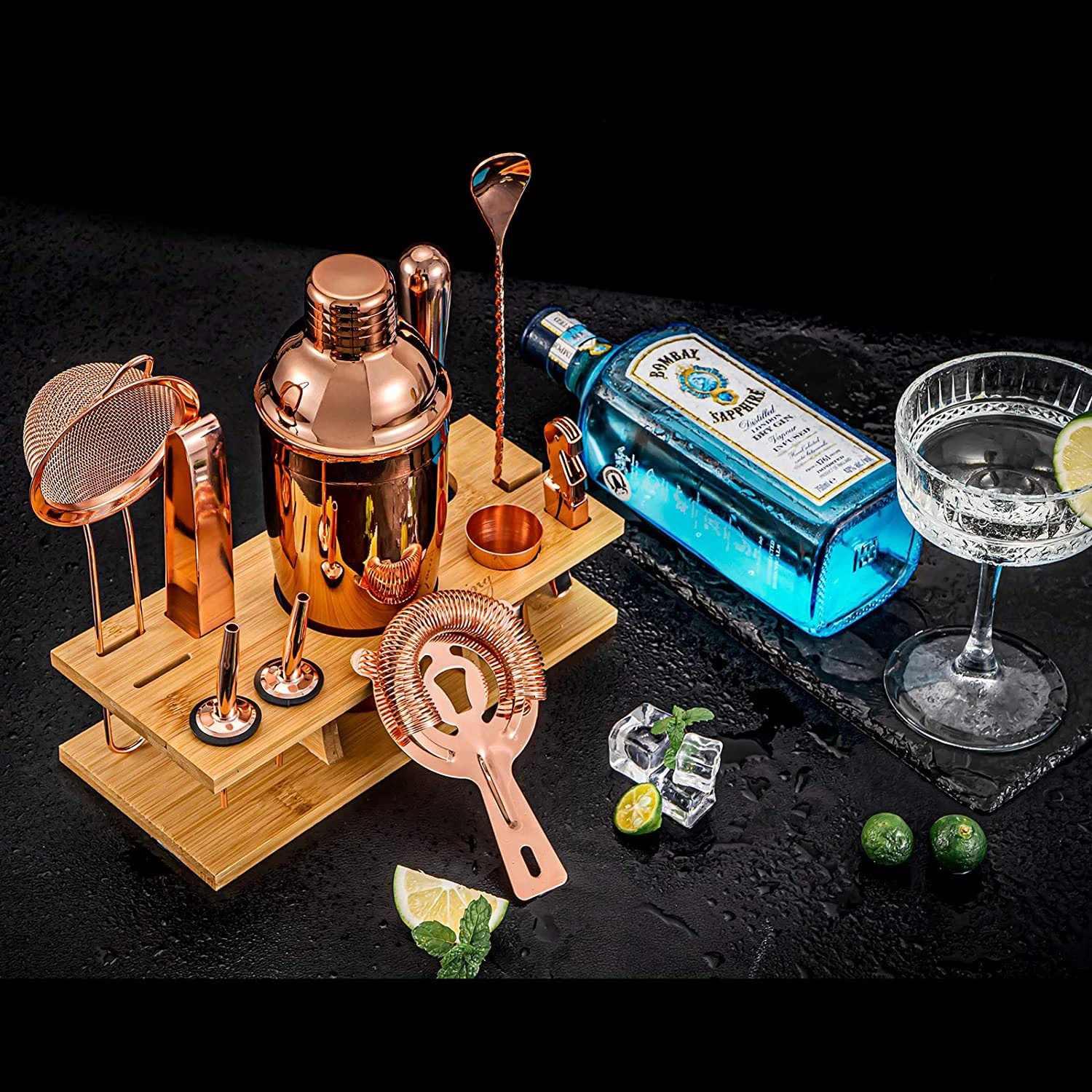 Cocktailshakerset med 11 delar och ställ - Koppar CG-TJ17 by Barlife color Svart