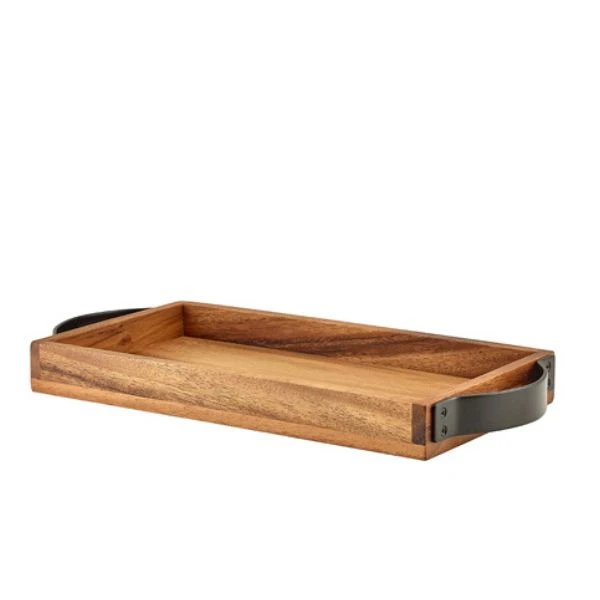 Serveringsbricka i akaciaträ med metallhandtag GenWare 32,5 x 17,5 cm WST3217 by Genware color Trä