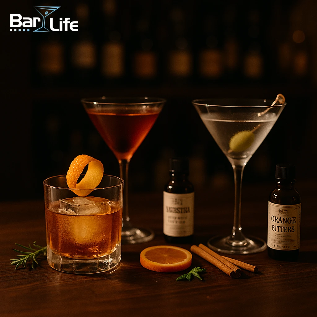 cocktail bitters, använda bitters, angostura bitters, orange bitters, peychaud’s bitters, chokladbitters, recept med bitters, klassiska cocktails bitters, barutrustning bitters, hemmabartender tips