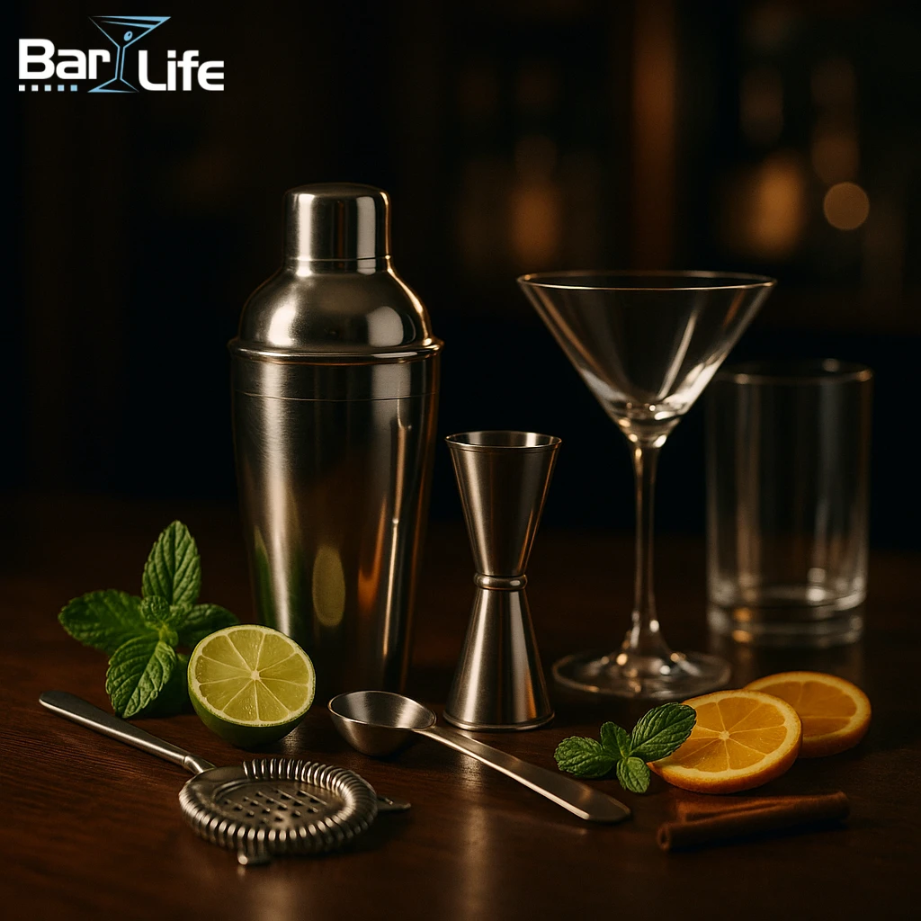 bartenderutrustning, shaker, jigger, barsked, muddler, cocktailglas, barredskap, drinktillbehör, cocktail startkit, barutrustning, cocktailset, cocktail tillbehör, hemma bartender